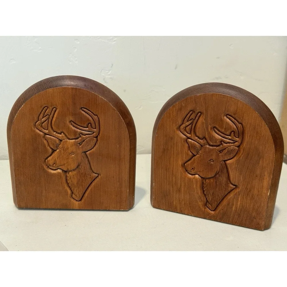 Vintage Pair of Bookends Engraved Wood Deer Stag Head Bookends Rustic Decor